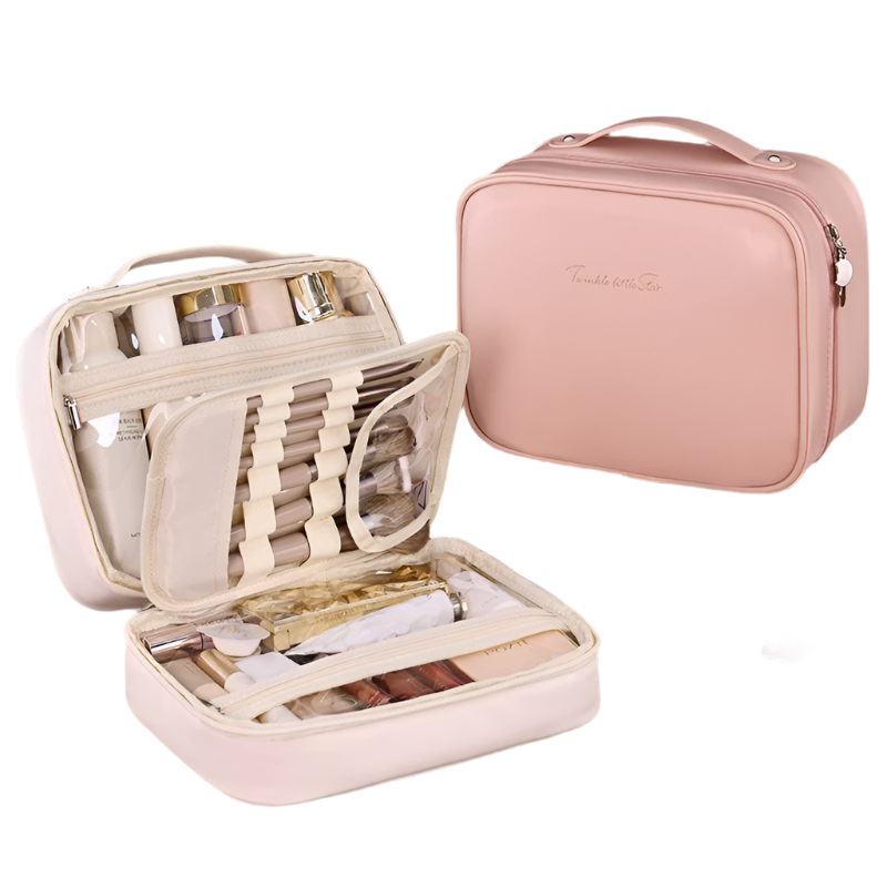 Pink Pu Leather Makeup Bag With Detachable Divider Travel Cosmetic Organizer Makeup Bags & Cases