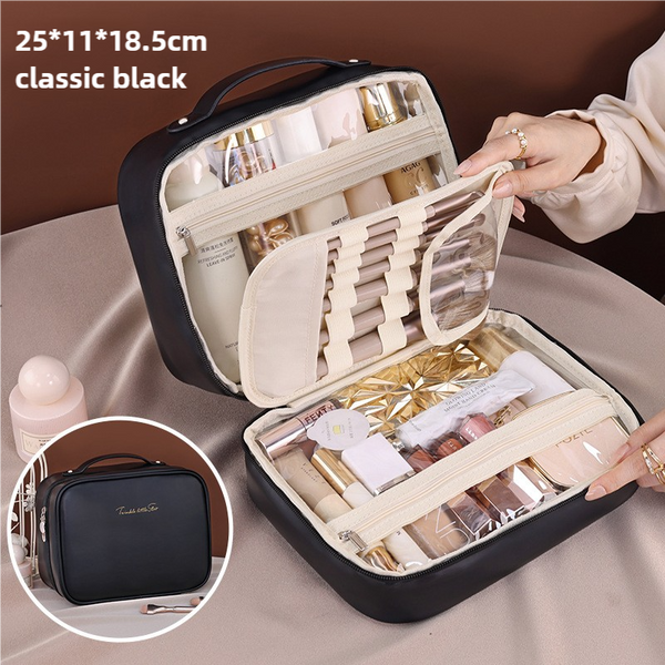 Black Pu Leather Makeup Bag With Detachable Divider Travel Cosmetic Organizer Makeup Bags & Cases