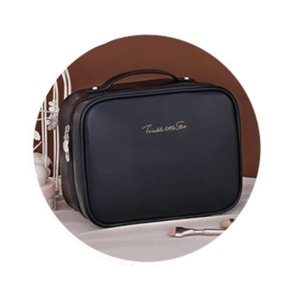Black Pu Leather Makeup Bag With Detachable Divider Travel Cosmetic Organizer Makeup Bags & Cases