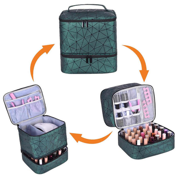 Green Large Capacity Pvc Cosmetic Bag Portable Nail Polish Storage Case With Dividers Makeup Bags & Cases