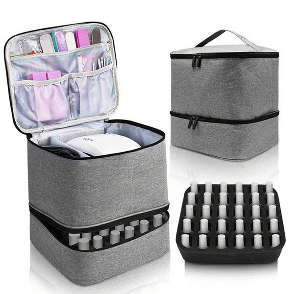 Gray Large Capacity Pvc Cosmetic Bag Portable Nail Polish Storage Case With Dividers Makeup Bags & Cases