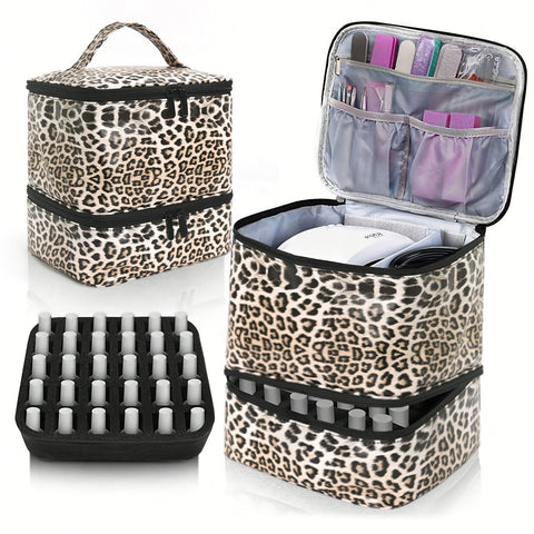 Elosung Leopard Double Layer Pu Nail Polish Storage Case With High Capacity For Essential Oils Lamp & Makeup Bags & Cases