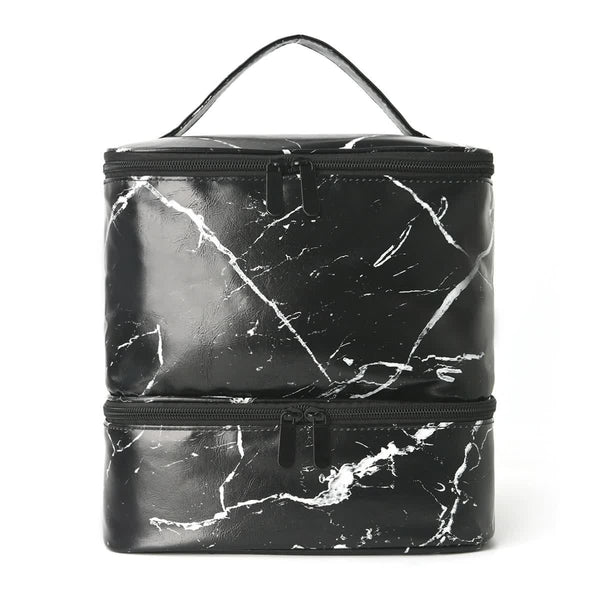 Black Marble Double Layer Pu Nail Polish Storage Case With High Capacity For Essential Oils And Lamp Portable & Adjustable Makeup Bags & Cases