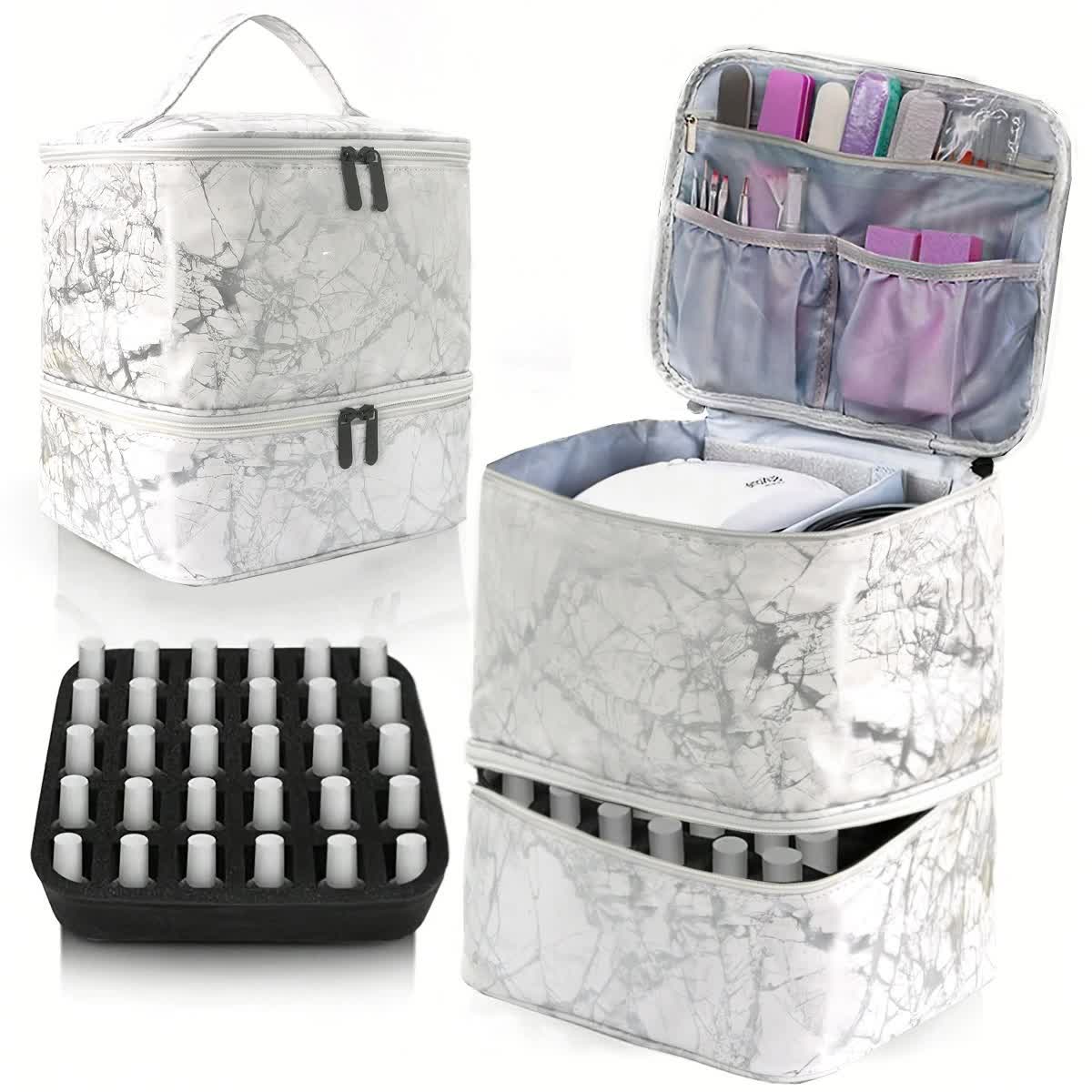 White Marble Double Layer Pu Nail Polish Storage Case With High Capacity For Essential Oils And Lamp Portable & Adjustable Makeup Bags & Cases