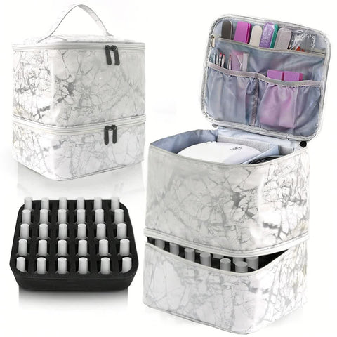 White Marble Double Layer Pu Nail Polish Storage Case With High Capacity For Essential Oils And Lamp Portable & Adjustable Makeup Bags & Cases