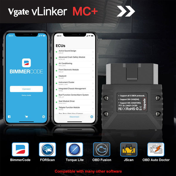Elosung (Bluetooth 4.0 Version) Vgate Vlinker Mc+ Obd2 Diagnostic Scanner Supports Multiple Car Models & Advanced Protocols Compatible With Android Io