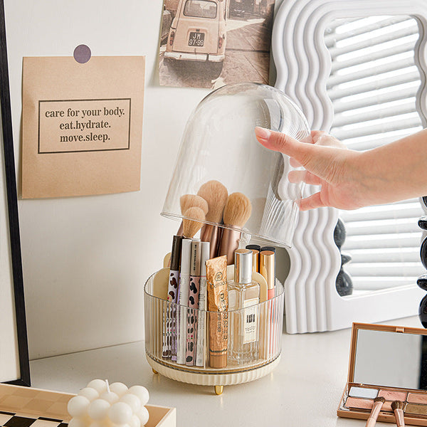 Elosung 2 Pcs Milky White Rotating Makeup Brush Organizer With Dustproof Cover 360A Swivel Cosmetic Holder For Lipsticks Eyeliners More Brushes