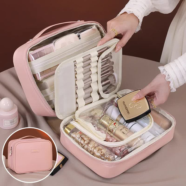 Pink Premium 5 In 1 Multifunctional Pu Cosmetic Bag Spacious Travel Organizer For Makeup Toiletries And Cosmetics Makeup Bags & Cases