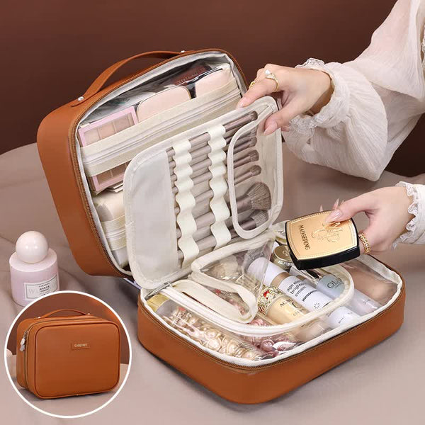Brown Premium 5 In 1 Multifunctional Pu Cosmetic Bag Spacious Travel Organizer For Makeup Toiletries And Cosmetics Makeup Bags & Cases