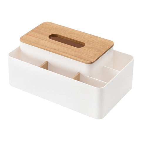 White Multifunctional Tissue Box Organizer Bamboo Lid With Dividers For Desktop Storage Tissue Box Covers