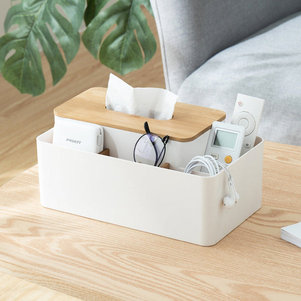 White Multifunctional Tissue Box Organizer Bamboo Lid With Dividers For Desktop Storage Tissue Box Covers