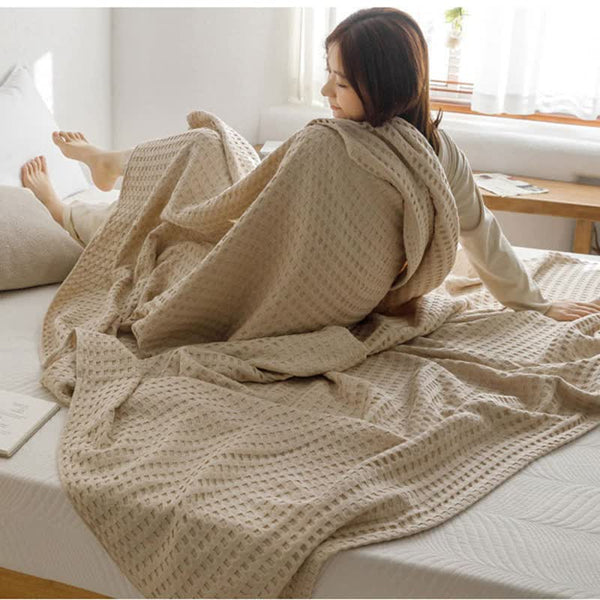 Cotton Waffle Blanket Air Conditioning Blanket/Throw/Summer Quilt 200*230Cmyellow Throws & Afghans