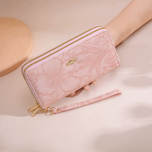 Elosung 2 Pcs Pink Elegant Floral Embossed Long Wallet With Double Zipper Wallets