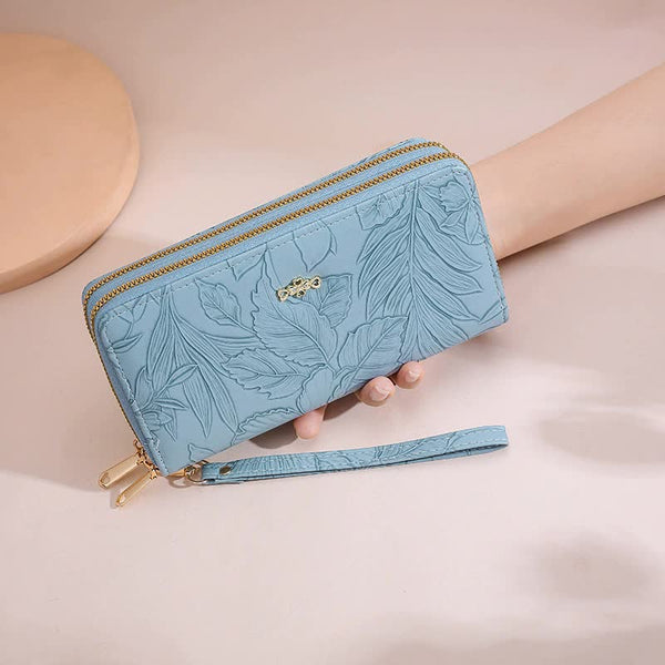 Elosung 2 Pcs Blue Elegant Floral Embossed Long Wallet With Double Zipper Wallets
