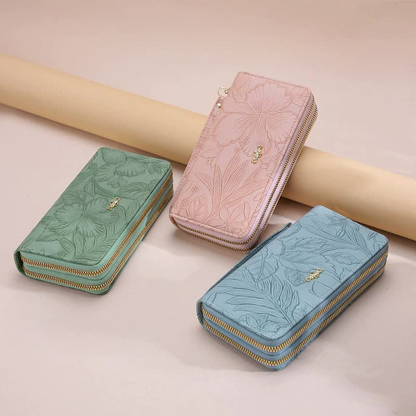 Elosung 2 Pcs Blue Elegant Floral Embossed Long Wallet With Double Zipper Wallets