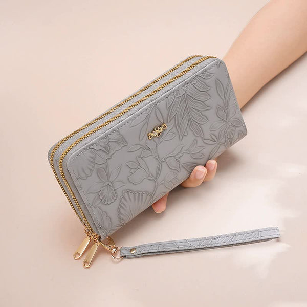 Elosung 2 Pcs Grey Elegant Floral Embossed Long Wallet With Double Zipper Wallets
