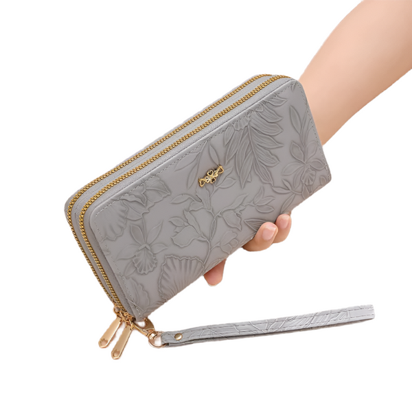 Elosung 2 Pcs Grey Elegant Floral Embossed Long Wallet With Double Zipper Wallets