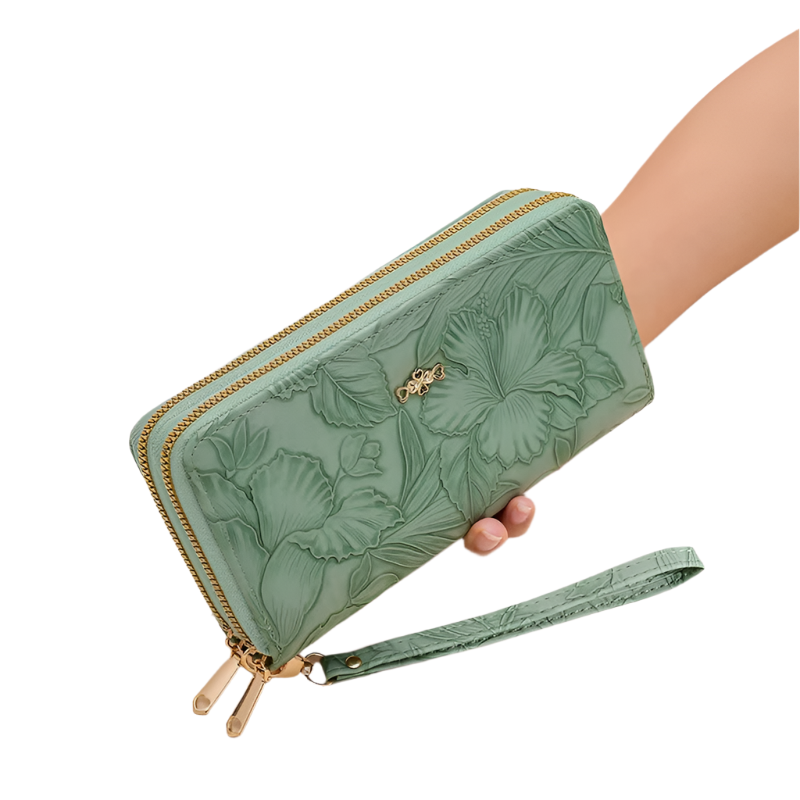 Elosung 2 Pcs Green Elegant Floral Embossed Long Wallet With Double Zipper Wallets