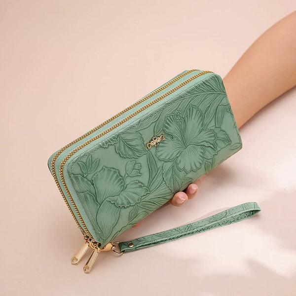 Elosung 2 Pcs Green Elegant Floral Embossed Long Wallet With Double Zipper Wallets