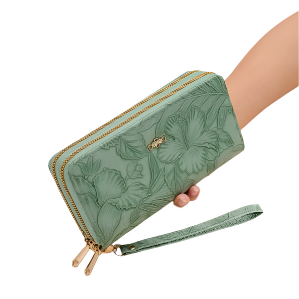 Elosung 2 Pcs Green Elegant Floral Embossed Long Wallet With Double Zipper Wallets