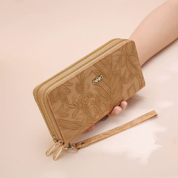 Elosung 2 Pcs Khaki Elegant Floral Embossed Long Wallet With Double Zipper Wallets