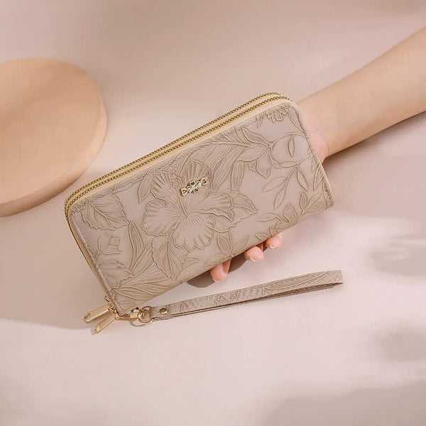 Wallets Elosung 2 Pcs Apricot Elegant Floral Embossed Long Wallet With Double Zipper