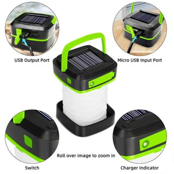 Green Collapsible Solar Led Camping Lantern With Usb Charging Portable Outdoor Light Lanterns