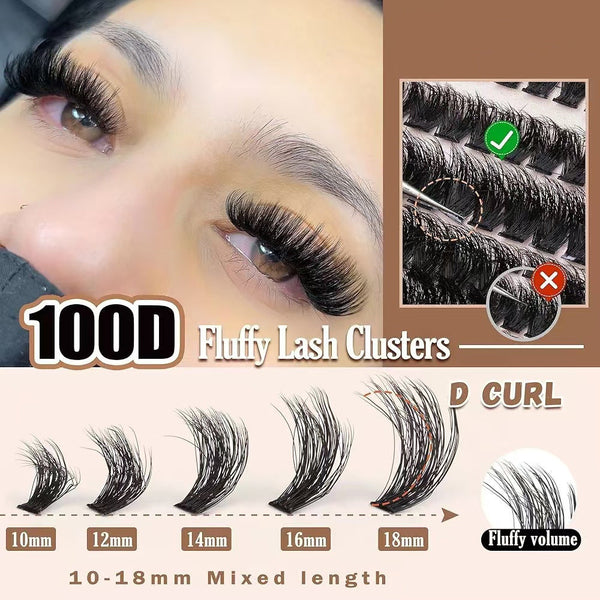 Elosung 3 Pcs Diy Lash Clusters Kit 100D Fluffy & Thick False Eyelashes With Adhesive And Tools Eyelash Extensions