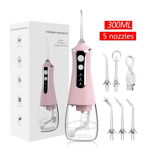 Pink 300Ml Cordless Water Flosser With 5 Nozzles Rechargeable Portable Oral Irrigator Air & Water Flossers