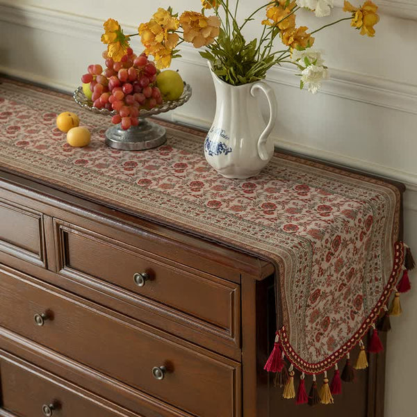 Elosung Red Bohemian Tassel Table Runner 40X180cm Decorative Linen Table Runners