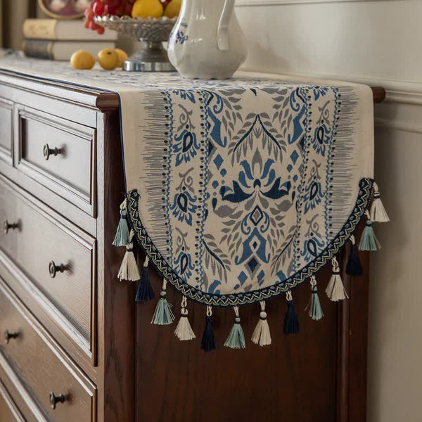 Elosung Blue Bohemian Tassel Table Runner 40X180cm Decorative Linen Table Runners