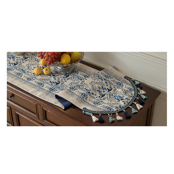 Elosung Blue Bohemian Tassel Table Runner 40X180cm Decorative Linen Table Runners