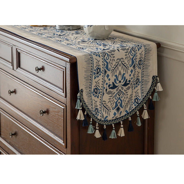 Elosung Blue Bohemian Tassel Table Runner 40X180cm Decorative Linen Table Runners