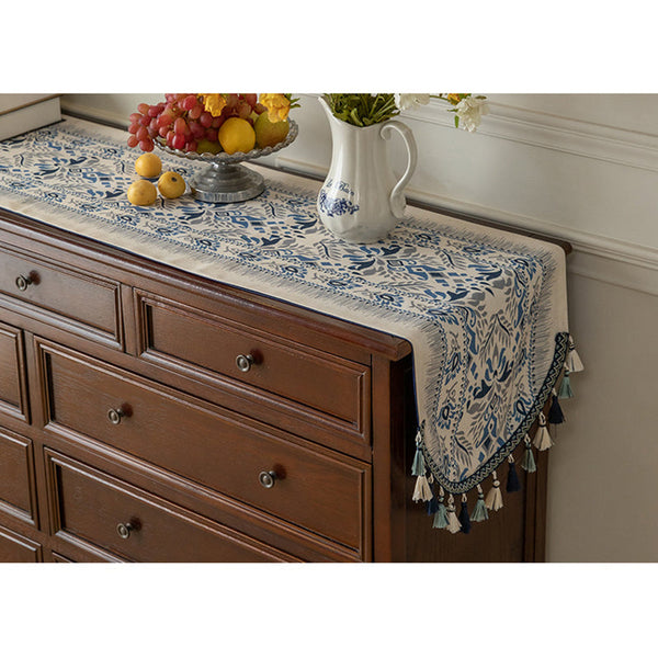 Elosung Blue Bohemian Tassel Table Runner 40X180cm Decorative Linen Table Runners