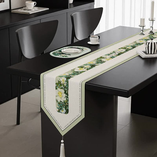 Green Elegant Botanical Table Runner With Tassels 30X180cm Table Runners