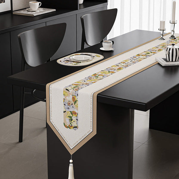 Elosung Yellow Flower Elegant Green Botanical Table Runner With Tassels 30X180cm Table Runners