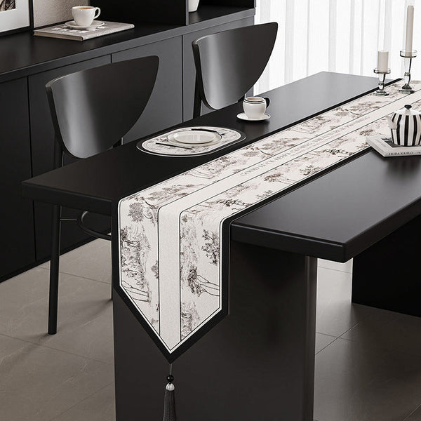Elosung Black White Elegant Green Botanical Table Runner With Tassels 30X180cm Table Runners