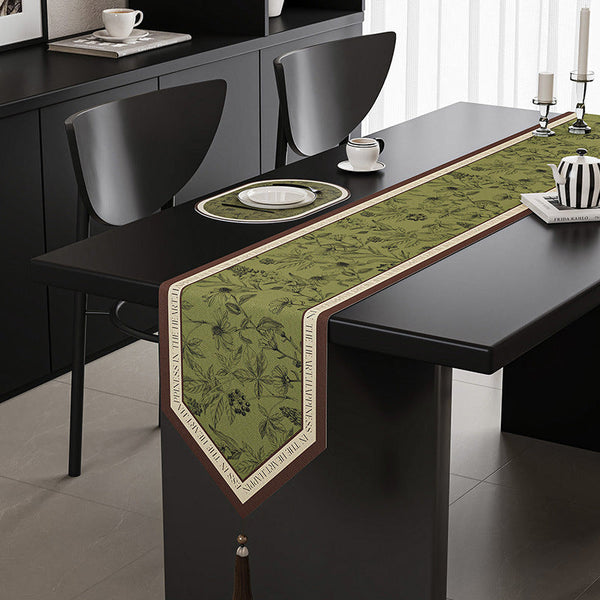 Green Elegant Botanical Table Runner With Tassels 30X180cm Table Runners