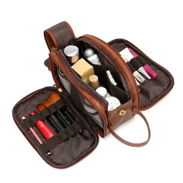 Elosung Brown Leather Makeup Bag With Multi Compartment Organizer Travel Cosmetic Case Makeup Bags & Cases