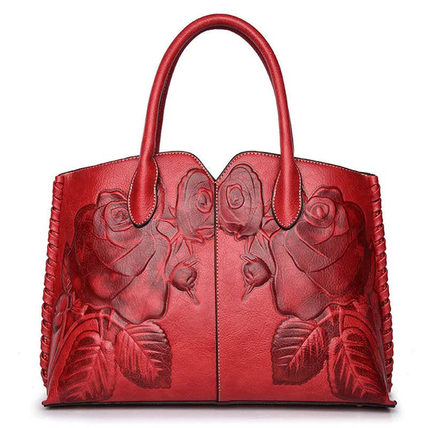 Elosung Red Elegant Embossed Rose Leather Handbag Style Tote Bag Women's Bags & Handbags