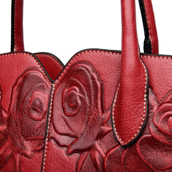 Elosung Red Elegant Embossed Rose Leather Handbag Style Tote Bag Women's Bags & Handbags
