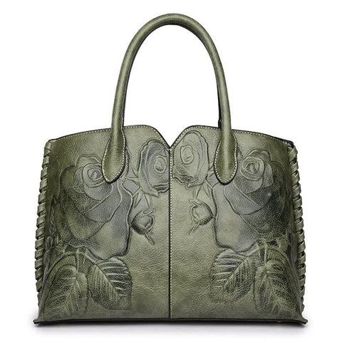 Green Elegant Embossed Rose Leather Handbag Style Tote Bag Women's Bags & Handbags