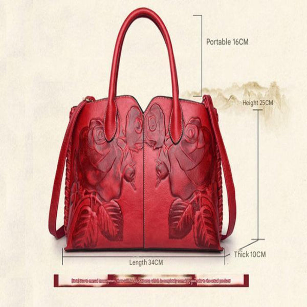 Green Elegant Embossed Rose Leather Handbag Style Tote Bag Women's Bags & Handbags