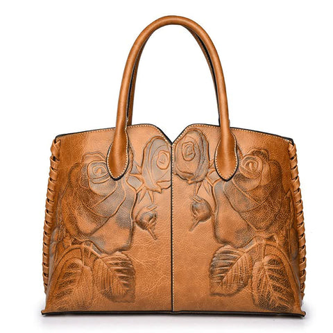 Elosung Brown Elegant Embossed Rose Leather Handbag Vintage Style Tote Bag Women's Bags & Handbags