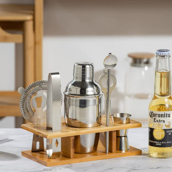 Elosung 350Ml 7 Piece Stainless Steel tail Shaker Set With Bamboo Stand Bartender Kit tail Shakers & Sets