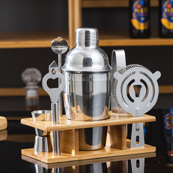 Elosung 350Ml 7 Piece Stainless Steel tail Shaker Set With Bamboo Stand Bartender Kit tail Shakers & Sets