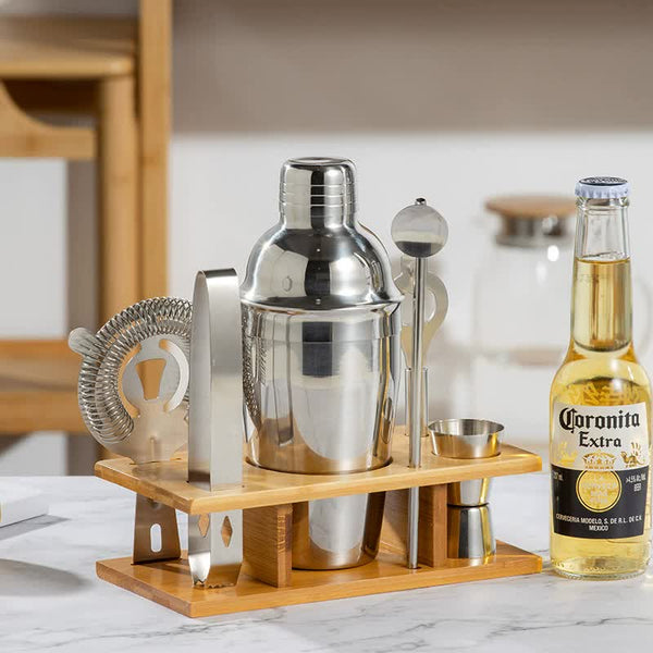 Elosung 550Ml 7 Piece Stainless Steel tail Shaker Set With Bamboo Stand Bartender Kit tail Shakers & Sets