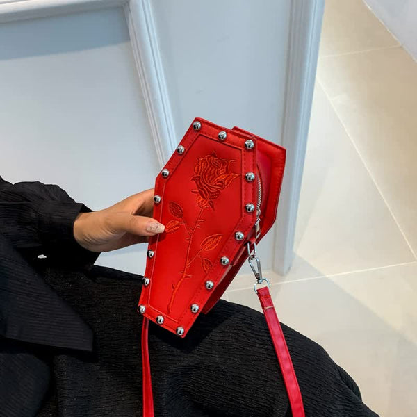 Red Gothic Coffin Shaped Crossbody Bag With Embroidered Rose Unique Fashion Statement Women's Bags & Handbags