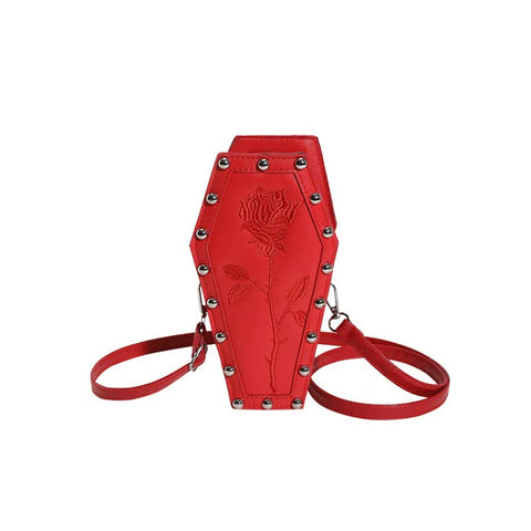 Red Gothic Coffin Shaped Crossbody Bag With Embroidered Rose Unique Fashion Statement Women's Bags & Handbags