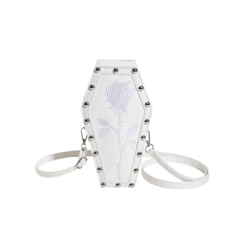 White Gothic Coffin Shaped Crossbody Bag With Embroidered Rose Unique Fashion Statement Women's Bags & Handbags